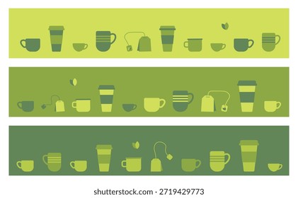 Un conjunto de Anuncios Horizontales minimalistas con tazas, tazas, vasos de viaje y bolsitas de té dispuestas en una composición decorativa repetitiva. Las ilustraciones se crean en un estilo de Vector plano limpio utilizando armoniosas paletas de colores verde y amarillo-verde que evocan frescura, naturaleza y vida ecológica.

El diseño es perfecto para la marca de té y café, menús de café, empaques, encabezados de Web, Anuncios de redes sociales, Fondos de pantalla y diseños de fondo. Las siluetas simples y el espaciado equilibrado hacen que los Anuncios sean versátiles y fáciles de adaptar para proyectos gráficos modernos.

Ideal para temas relacionados con la cultura del té, coffee breaks, productos orgánicos, sostenibilidad, estilo de vida acogedor, rutinas matutinas y estética de diseño mínimo. Adecuado tanto para uso digital como impreso, incluyendo publicidad, diseños editoriales y materiales de marca.