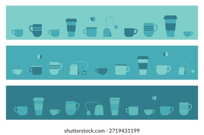 Set of minimalist horizontal banners featuring cups, mugs, takeaway coffee cups, and tea bags arranged in a clean flat style. The design uses calm blue and gray tones, creating a modern, cozy, and balanced aesthetic. Ideal for website headers, social media covers, cafe and coffee shop branding, packaging design, menu backgrounds, lifestyle blogs, and beverage-related projects. The simple shapes and repeating elements make the banners versatile and easy to integrate into both digital and print designs. Suitable for themes such as coffee break, tea time, cafe culture, relaxation, minimal lifestyle, and modern UI design.