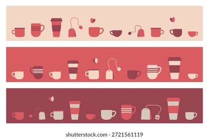 Conjunto de Anuncios Horizontales minimalistas con tazas de café estilizadas, tazas de viaje, bolsitas de té y hojas en paletas de colores rojo y beige cálidos. La Ilustración vectorial plana utiliza Formas limpias y un diseño moderno, creando un ambiente acogedor de cafetería. Ideal para la marca de cafetería, empaque de té, diseño de menú, blogs de alimentos, encabezados de redes sociales, fondos de Sitio web, impresiones textiles y Materiales promocionales. El diseño decorativo sin fisuras funciona bien tanto para proyectos digitales como impresos, transmitiendo calidez, comodidad y una estética de estilo de vida contemporánea asociada con pausas para el café, hora del té y cafés urbanos.