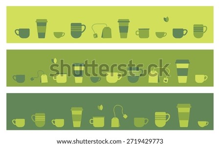 A set of minimalist horizontal banners featuring cups, mugs, travel tumblers and tea bags arranged in a repeating decorative composition. The illustrations are created in a clean flat vector style using harmonious green and yellow-green color palettes that evoke freshness, nature, and eco-friendly living.

The design is perfect for tea and coffee branding, café menus, packaging, web headers, social media banners, wallpapers, and background designs. Simple silhouettes and balanced spacing make the banners versatile and easy to adapt for modern graphic projects.

Ideal for themes related to tea culture, coffee breaks, organic products, sustainability, cozy lifestyle, morning routines, and minimal design aesthetics. Suitable for both digital and print use, including advertising, editorial layouts, and branding materials.