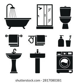 Set of minimalist icons depicting various bathroom fixtures and accessories including bathtub with showerhead shower stall toilet towel racks sink soap toothbrush and washing machine isolated on transparent background