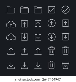 Set of minimalist icons: upload, download, folder, trash. Simple upload and download symbols. Folder and trash icons in clean, minimalist style. User interface icons, UI icon vector set.