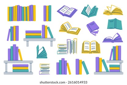 Set of minimalist illustrations of colorful books. Ideal for education and learning designs.