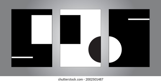 Conjunto de ilustraciones minimalistas compuestas de figuras geométricas en blanco y negro. Marcos decorativos que añaden elegancia y modernidad al entorno.
