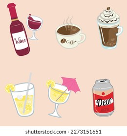 set of minimalist illustrations with different drinks, coffee, wine, beer, lemonade