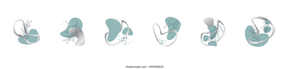 Set of minimalist illustrations. Posters with decorative branches and abstract color spots. For poster, postcard, brochure, cover design. Modern abstract vector illustration.