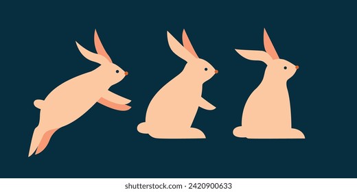 Set of minimalist illustrations with rabbits in different poses. Standing, sitting, jumping easter bunnies. Flat minimal design. Vector cute animal for icon, sticker, logo, card, banner, invitation.