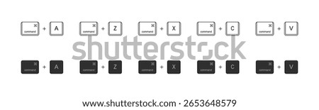 A set of minimalist keyboard shortcut icons. Common key combinations such as select all, undo, redo, cut, copy, and paste. Thin line style, black and white. Vector illustration