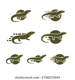 Set of minimalist Komodo dragon logo icons featuring speed lines and circular backgrounds. Professional reptile vector silhouettes in a dark green color palette for branding and emblems.