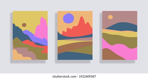  Set of minimalist landscape abstract compositions. Collage organic shapes with geometric nature, sea, sky, sun, mountain landscape. Great for design wall decoration, postcard or brochure cover. Vecto