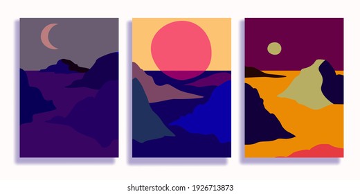  Set of minimalist landscape abstract compositions. Collage organic shapes with geometric nature, sea, sky, sun, mountain landscape. Great for design wall decoration, postcard or brochure cover. Vecto