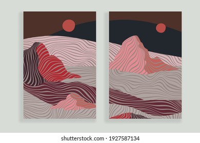  Set of minimalist landscape abstract compositions. Collage organic shapes with geometric nature, sea, sky, sun, mountain landscape. Great for design wall decoration, postcard or brochure cover. Vecto