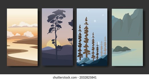 Set of minimalist landscape abstract contemporary collages, mountains lake moon wall art poster design, Hiking adventure background. Vector illustration