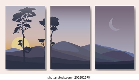 Set of minimalist landscape abstract contemporary collages, mountains lake moon wall art poster design, Hiking adventure background. Vector illustration