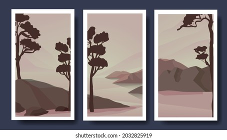 Set of minimalist landscape abstract contemporary collages,  Hiking adventure background. Vector illustration