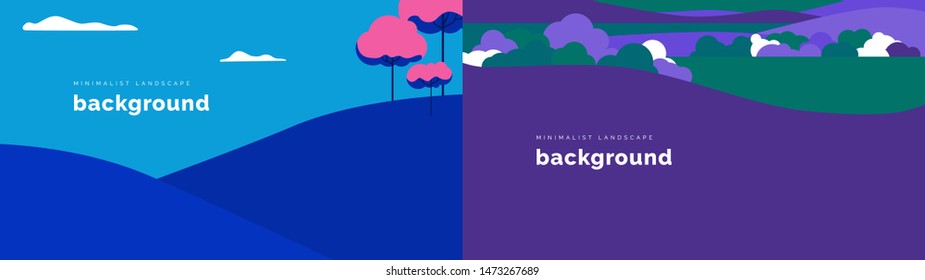 Set of minimalist landscape background, cherry blossom trees on the mountain and plain and small hills in blue and purple tones