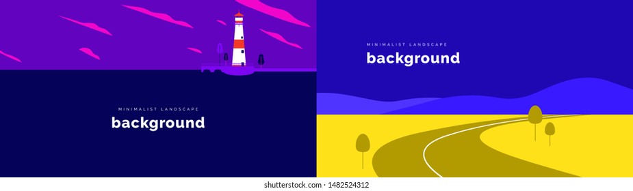 Set of minimalist landscape background, lighthouse in the ocean and long road with mountains behind in blue and purple tones