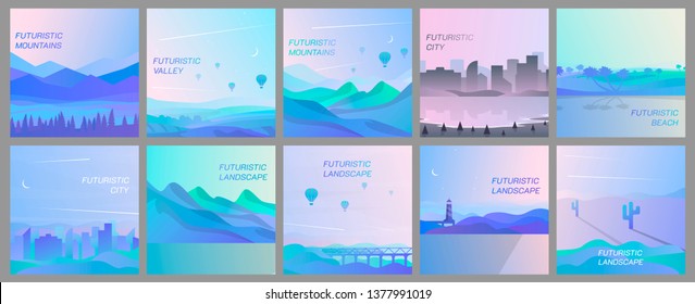 A set of minimalist landscapes.  Vector background in a flat style.  Futuristic concept.  Color gradient with wavy effect