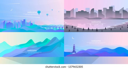 A set of minimalist landscapes.  Vector background in a flat style.  Futuristic concept.  Color gradient with wavy effect