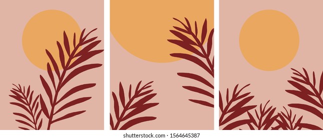 Set of minimalist leaves posters. terra cota nordic style, warm earthy colors, 