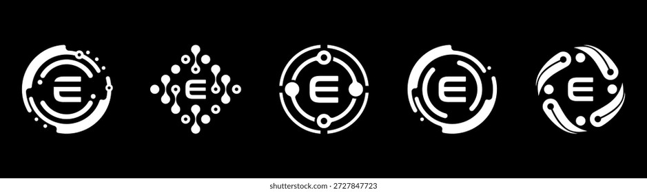 Conjunto de logotipos minimalistas da tecnologia da letra E em estilo monocromático. Formas circulares e de rede abstratas representam sistemas digitais, IA, inovação e marca de tecnologia moderna no fundo preto