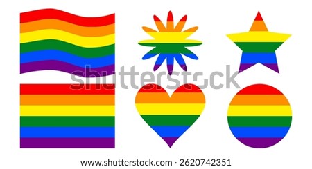 Set of minimalist LGBT rainbow flag vector icons. Styles include heart, round, star, flower, stripes, and waving
