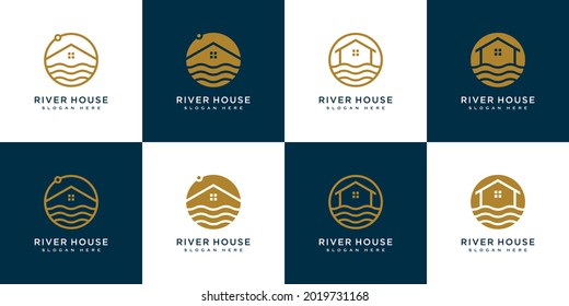 Set Of Minimalist Line Abstract House With River Logo Design