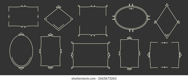 Conjunto de bordes de arte de línea minimalista. Doodle Dibujado a mano marcos vintage aislados sobre fondo negro. Borde de texto con cuadrado, círculo, rectángulo, forma ovalada. Ilustración vectorial 