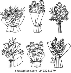 Montaje de arte minimalista en la estética de flores de ramo. Ilustración vectorial. Arte de una línea de decoración romántica de ramo de flores ilustración vectorial