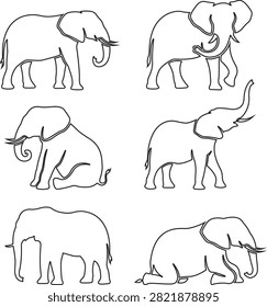 A set of minimalist line art elephant illustrations showcasing diverse poses. These simple graphic outlines of wild pachyderms are isolated on a white background, suitable for various designs.