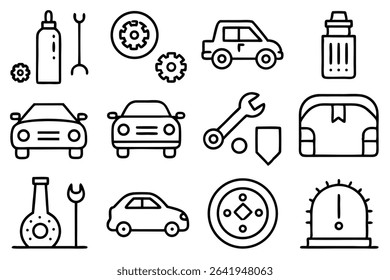 Set of minimalist line art icons featuring cars repair tools and mechanical components