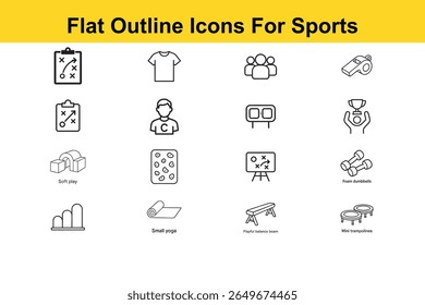 Um conjunto de ícones minimalistas da arte em linha que representam atividades esportivas e de fitness, incluindo esportes de equipe, exercícios individuais e equipamentos recreativos.