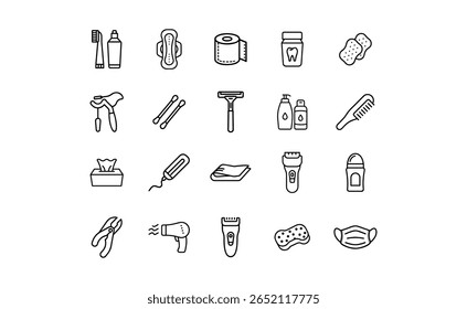 A set of minimalist line art icons representing various bathroom and personal care items, including hygiene products and grooming tools.
