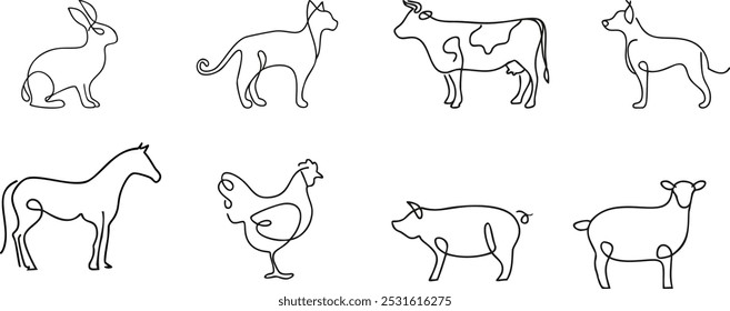 A set of minimalist line art illustrations featuring various farm animals. Perfect for children's books, farm-themed designs, or any project related to agriculture and nature. 