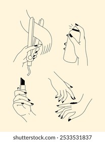 A set of minimalist line art illustrations showcasing hand gestures related to beauty, skincare, and makeup routines.