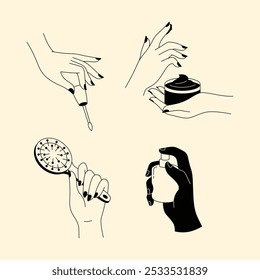 A set of minimalist line art illustrations showcasing hand gestures related to beauty, skincare, and makeup routines.