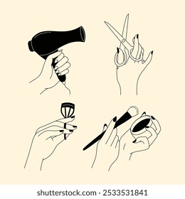 A set of minimalist line art illustrations showcasing hand gestures related to beauty, skincare, and makeup routines.