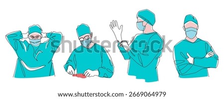 Set of minimalist line art illustrations of a surgeon . Editable stroke . Vector .