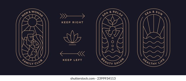Set of minimalist line art logo template. Simple modern design line graphic badge for brand. Spa salon, landscape sun sea wave, family symbol. Collection vintage line icon sign. Vector Illustration