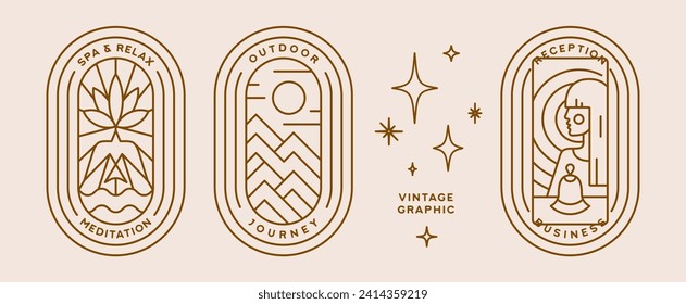 Set of minimalist line art logo template. Simple modern design line graphic badge for brand. Reception service, mountain hill, lotus symbol. Collection vintage line icon sign. Vector Illustration