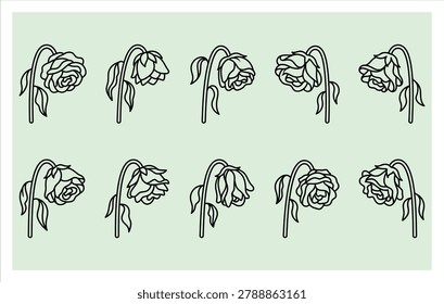 Set of minimalist line art wilted rose and drooping blossom symbols for expressive nature branding and emotional graphic design illustration.