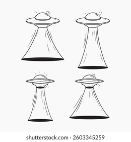 Set of minimalist line drawing of four different UFOs in a simple style.