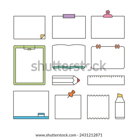 A set of minimalist line education concept illustration frames. Pencil, book, paper, pencil, book, document, binder, file, tongs, ruler, highlighter, blackboard, thumbtack, colored pencil, crayon.