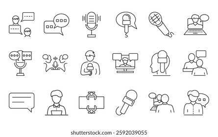 A set of minimalist line icons representing interviews, journalism, and media communication. Includes microphone, reporter, speech bubble, discussion, and broadcasting elements. Editable strokes