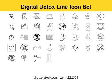 A set of minimalist line icons representing digital detox, disconnection from technology, and activities promoting wellness and relaxation.