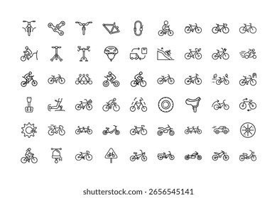 A set of minimalist line icons representing various bicycles, motorcycles, and related equipment.