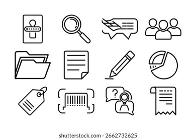 A set of minimalist line icons representing business, data, and communication concepts.