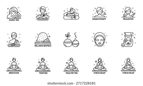 Un conjunto de iconos de líneas minimalistas que representan actividades de spa, bienestar y relajación. Incluye iconos para masajes, aromaterapia, mascarillas faciales, yoga y meditación sobre un fondo blanco.