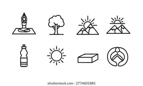 Set of minimalist line icons representing yoga poses nature sun water bottle and fitness block