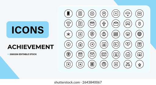 A set of minimalist line icons, suitable for user interface design, displayed against a clean, modern background.